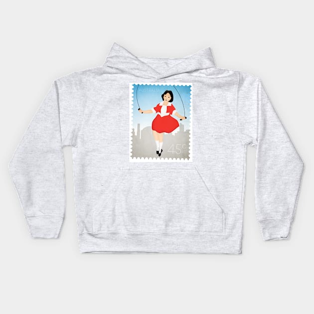 Skipping Girl Vinegar Postage Stamp Kids Hoodie by melbournedesign